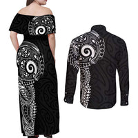 New Zealand Maori Koru Art Traditional Tattoo Couples Matching Off Shoulder Maxi Dress and Long Sleeve Button Shirt Simple Style