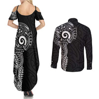 New Zealand Maori Koru Art Traditional Tattoo Couples Matching Summer Maxi Dress and Long Sleeve Button Shirt Simple Style