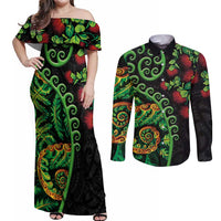 New Zealand Koru Plants and Pohutukawa Couples Matching Off Shoulder Maxi Dress and Long Sleeve Button Shirt Maori Tattoo Pattern