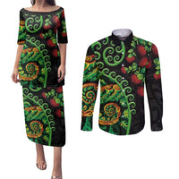 New Zealand Koru Plants and Pohutukawa Couples Matching Puletasi and Long Sleeve Button Shirt Maori Tattoo Pattern