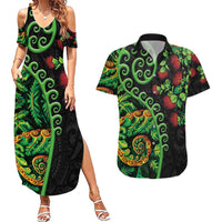 New Zealand Koru Plants and Pohutukawa Couples Matching Summer Maxi Dress and Hawaiian Shirt Maori Tattoo Pattern