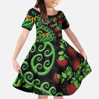 New Zealand Koru Plants and Pohutukawa Family Matching Short Sleeve Bodycon Dress and Hawaiian Shirt Maori Tattoo Pattern