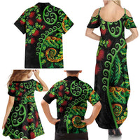 New Zealand Koru Plants and Pohutukawa Family Matching Summer Maxi Dress and Hawaiian Shirt Maori Tattoo Pattern