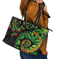 New Zealand Koru Plants and Pohutukawa Leather Tote Bag Maori Tattoo Pattern
