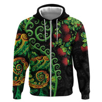 New Zealand Koru Plants and Pohutukawa Zip Hoodie Maori Tattoo Pattern