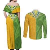 Cook Islands Language Week Couples Matching Off Shoulder Maxi Dress and Long Sleeve Button Shirt Tatau Pattern and Rarotongan Alphabet - Polynesian Pride