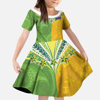 Cook Islands Language Week Kid Short Sleeve Dress Tatau Pattern and Rarotongan Alphabet - Polynesian Pride