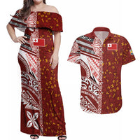 Tonga Language Week Couples Matching Off Shoulder Maxi Dress and Hawaiian Shirt Ngatu Pattern and Tongan Alphabet - Polynesian Pride