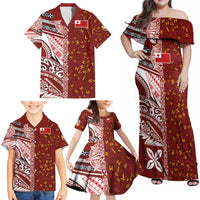 Tonga Language Week Family Matching Off Shoulder Maxi Dress and Hawaiian Shirt Ngatu Pattern and Tongan Alphabet - Polynesian Pride