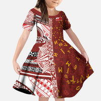 Tonga Language Week Family Matching Puletasi and Hawaiian Shirt Ngatu Pattern and Tongan Alphabet LT03 Daughter's Dress Red - Polynesian Pride
