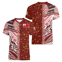 Tonga Language Week Women V-Neck T-Shirt Ngatu Pattern and Tongan Alphabet - Polynesian Pride