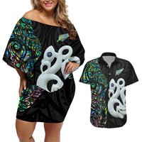 New Zealand Couples Matching Off Shoulder Short Dress and Hawaiian Shirt Silver Fern and Manaia with Papua Shell Maori Tribal LT03 White - Polynesian Pride