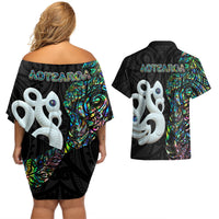 New Zealand Couples Matching Off Shoulder Short Dress and Hawaiian Shirt Silver Fern and Manaia with Papua Shell Maori Tribal LT03 - Polynesian Pride