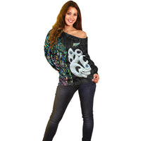 New Zealand Off Shoulder Sweater Silver Fern and Manaia with Papua Shell Maori Tribal LT03 - Polynesian Pride