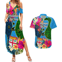 Personalised Malampa Fiji Day Couples Matching Summer Maxi Dress and Hawaiian Shirt Tropical Plants Mix Polynesian and Tapa Pattern LT03 Blue - Polynesian Pride