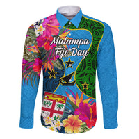 Personalised Malampa Fiji Day Family Matching Long Sleeve Bodycon Dress and Hawaiian Shirt Tropical Plants Mix Polynesian and Tapa Pattern LT03 Dad's Shirt - Long Sleeve Blue - Polynesian Pride