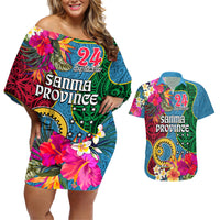 Sanma Day Couples Matching Off Shoulder Short Dress and Hawaiian Shirt Proud To Be A Ni-Van Beauty Pacific Flower LT03 Blue - Polynesian Pride