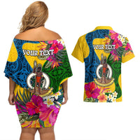 Personalised Malampa Day Couples Matching Off Shoulder Short Dress and Hawaiian Shirt Proud To Be A Ni-Van Beauty Pacific Flower LT03 - Polynesian Pride