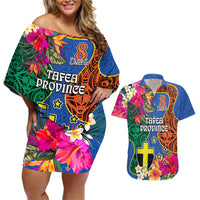 Personalised Tafea Day Couples Matching Off Shoulder Short Dress and Hawaiian Shirt Proud To Be A Ni-Van Beauty Pacific Flower LT03 Blue - Polynesian Pride