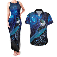 New Zealand Tui Bird Couples Matching Tank Maxi Dress and Hawaiian Shirt The Pleiades Star Cluster and Koru Tribal Tattoo Galaxy Vibe