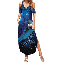 New Zealand Tui Bird Family Matching Summer Maxi Dress and Hawaiian Shirt The Pleiades Star Cluster and Koru Tribal Tattoo Galaxy Vibe LT03 Mom's Dress Blue - Polynesian Pride