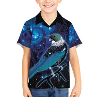 New Zealand Tui Bird Family Matching Summer Maxi Dress and Hawaiian Shirt The Pleiades Star Cluster and Koru Tribal Tattoo Galaxy Vibe LT03 Son's Shirt Blue - Polynesian Pride