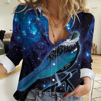 New Zealand Tui Bird Women Casual Shirt The Pleiades Star Cluster and Koru Tribal Tattoo Galaxy Vibe