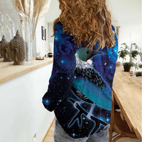 New Zealand Tui Bird Women Casual Shirt The Pleiades Star Cluster and Koru Tribal Tattoo Galaxy Vibe