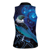 New Zealand Tui Bird Women Sleeveless Polo Shirt The Pleiades Star Cluster and Koru Tribal Tattoo Galaxy Vibe LT03 - Polynesian Pride