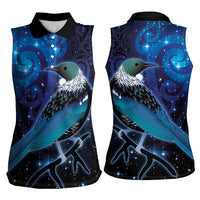 New Zealand Tui Bird Women Sleeveless Polo Shirt The Pleiades Star Cluster and Koru Tribal Tattoo Galaxy Vibe LT03 - Polynesian Pride