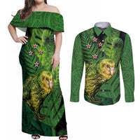 New Zealand Kkp Couples Matching Off Shoulder Maxi Dress and Long Sleeve Button Shirt Silver Fern with Close up of Green Fern Leaves and Maori Tattoo LT03 Green - Polynesian Pride