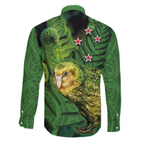 New Zealand Kākāpō Family Matching Off Shoulder Short Dress and Hawaiian Shirt Silver Fern with Close up of Green Fern Leaves and Maori Tattoo