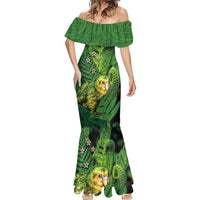 New Zealand Kākāpō Mermaid Dress Silver Fern with Close up of Green Fern Leaves and Maori Tattoo