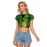 New Zealand Kkp Raglan Cropped T Shirt Silver Fern with Close up of Green Fern Leaves and Maori Tattoo LT03 Female Green - Polynesian Pride