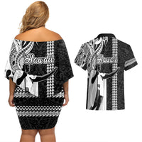 Hawaii Lanai Island Couples Matching Off Shoulder Short Dress and Hawaiian Shirt Hawaiian King and Kakau Symbols Abstract Shoulder Tattoo LT03 - Polynesian Pride