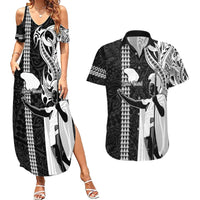 Custom Hawaii Lanai Island Couples Matching Summer Maxi Dress and Hawaiian Shirt Hawaiian King and Kakau Symbols Abstract Shoulder Tattoo LT03 Black - Polynesian Pride