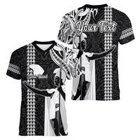 Custom Hawaii Lanai Island Women V Neck T Shirt Hawaiian King and Kakau Symbols Abstract Shoulder Tattoo LT03 - Polynesian Pride