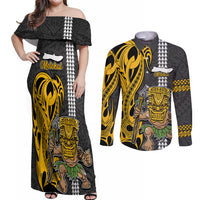 Hawaii Molokai Island Couples Matching Off Shoulder Maxi Dress and Long Sleeve Button Shirts Hawaiian Warrior and Kakau Symbols Abstract Tattoo LT03 Yellow - Polynesian Pride
