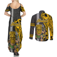Hawaii Molokai Island Couples Matching Summer Maxi Dress and Long Sleeve Button Shirts Hawaiian Warrior and Kakau Symbols Abstract Tattoo LT03 - Polynesian Pride