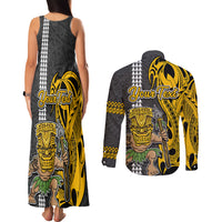 Custom Hawaii Molokai Island Couples Matching Tank Maxi Dress and Long Sleeve Button Shirts Hawaiian Warrior and Kakau Symbols Abstract Tattoo LT03 - Polynesian Pride