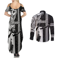 Hawaii Molokai Island Couples Matching Summer Maxi Dress and Long Sleeve Button Shirts Hawaiian King and Kakau Symbols Abstract Shoulder Tattoo LT03 - Polynesian Pride