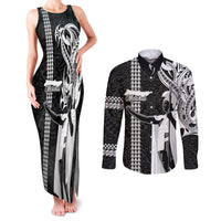 Hawaii Molokai Island Couples Matching Tank Maxi Dress and Long Sleeve Button Shirts Hawaiian King and Kakau Symbols Abstract Shoulder Tattoo LT03 Black - Polynesian Pride