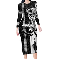 Hawaii Molokai Island Family Matching Long Sleeve Bodycon Dress and Hawaiian Shirt Hawaiian King and Kakau Symbols Abstract Shoulder Tattoo LT03 Mom's Dress Black - Polynesian Pride