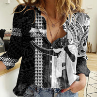 Hawaii Molokai Island Women Casual Shirt Hawaiian King and Kakau Symbols Abstract Shoulder Tattoo LT03 Female Black - Polynesian Pride