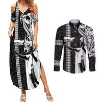Custom Hawaii Molokai Island Couples Matching Summer Maxi Dress and Long Sleeve Button Shirts Hawaiian King and Kakau Symbols Abstract Shoulder Tattoo LT03 Black - Polynesian Pride