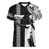 Custom Hawaii Molokai Island Women V Neck T Shirt Hawaiian King and Kakau Symbols Abstract Shoulder Tattoo LT03 Female Black - Polynesian Pride