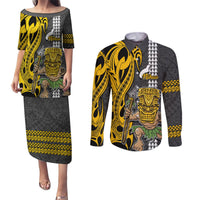 Hawaii Niihau Island Couples Matching Puletasi Dress and Long Sleeve Button Shirts Hawaiian Warrior and Kakau Symbols Abstract Tattoo LT03 Yellow - Polynesian Pride