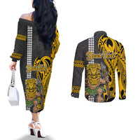 Custom Hawaii Niihau Island Couples Matching Off The Shoulder Long Sleeve Dress and Long Sleeve Button Shirts Hawaiian Warrior and Kakau Symbols Abstract Tattoo LT03 - Polynesian Pride