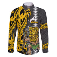 Custom Hawaii Niihau Island Family Matching Puletasi Dress and Hawaiian Shirt Hawaiian Warrior and Kakau Symbols Abstract Tattoo LT03 Dad's Shirt - Long Sleeve Yellow - Polynesian Pride