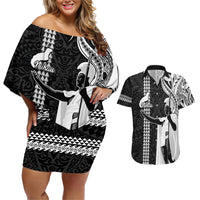 Hawaii Niihau Island Couples Matching Off Shoulder Short Dress and Hawaiian Shirt Hawaiian King and Kakau Symbols Abstract Shoulder Tattoo LT03 Black - Polynesian Pride